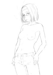 Rule 34 | 1girl, bad id, bad pixiv id, blunt bangs, breasts, cigarette, cowboy shot, glasses, greyscale, hairband, hand on own hip, highres, looking at viewer, medium breasts, monochrome, navel, nipples, niwatazumi, original, pants, short hair, sketch, smoking, solo, thumb in pocket, topless, upper body, white background
