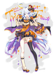 1girl 2024 :d ahoge black_bow black_thighhighs blue_eyes blue_hair bow center_frills commentary_request crown fang frilled_skirt frills furina_(genshin_impact) garter_straps genshin_impact gloves grey_hair grey_shirt hair_between_eyes hair_intakes halloween halloween_bucket hands_up highres juna long_sleeves mini_crown multicolored_hair open_mouth orange_footwear orange_gloves orange_skirt puffy_long_sleeves puffy_sleeves shirt shoes single_sock single_thighhigh skirt smile socks solo thighhighs tilted_headwear trick_or_treat two-tone_hair