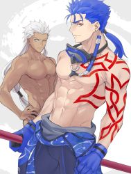 Rule 34 | 2boys, abs, alternate costume, alternate hairstyle, archer (fate), blue hair, cu chulainn (fate), cu chulainn (fate/stay night), dark-skinned male, dark skin, diving mask, earrings, emya, fate/grand order, fate/stay night, fate (series), goggles, grey eyes, jewelry, large pectorals, long hair, male focus, multiple boys, muscular, navel, official alternate costume, pectorals, ponytail, red eyes, tattoo, topless male, white hair