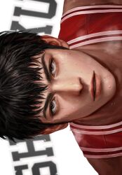 Rule 34 | 1boy, basketball uniform, black hair, brown eyes, character request, highres, kimonggun, looking at viewer, male focus, portrait, realistic, scar on chin, scar on face, simple background, slam dunk (series), solo, sportswear, sweatdrop, white background