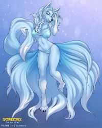 Rule 34 | 1girl, adjusting hair, alolan form, alolan ninetales, animal ears, animal hands, artist name, bikini, blonde hair, blue background, blue bikini, blue eyes, breasts, cameltoe, claws, covered erect nipples, creatures (company), english text, fang, feet, female focus, full body, furry, furry female, game freak, gen 7 pokemon, gradient background, half-closed eyes, hands up, highres, large breasts, looking to the side, multiple tails, navel, nintendo, open mouth, orange background, patreon, personification, pokemon, pokemon (creature), pokemon sm, satsukii, simple background, smile, solo, standing, standing on one leg, swimsuit, tail, teeth, text focus, underboob, watermark