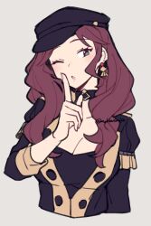 Rule 34 | 1girl, :o, black hat, blush, breasts, brown hair, cabbie hat, cleavage, commentary, cropped torso, do m kaeru, dorothea arnault, earrings, fire emblem, fire emblem: three houses, garreg mach monastery uniform, green eyes, grey background, hat, index finger raised, jewelry, large breasts, long hair, looking at viewer, nintendo, one eye closed, simple background, solo