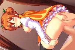 Rule 34 | 1boy, 1girl, ahoge, anus, artist request, ass grab, black thighhighs, blush, braid, breasts, brown hair, cape, censored, closed eyes, closed mouth, curtains, double bun, earrings, facing viewer, flower knight girl, food-themed earrings, food themed earrings, game cg, hair bun, hetero, jewelry, medium breasts, mikan (flower knight girl), mosaic censoring, nipples, official art, orange-shaped earrings, orange cape, penis, reverse cowgirl position, sex, sex from behind, shiny skin, short hair, sideboob, skirt, solo focus, spread legs, straddling, tears, thighhighs, vaginal, wavy mouth