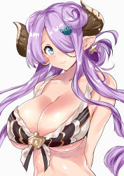 Rule 34 | 10s, 1girl, absurdres, arms behind back, bikini, blue eyes, blush, breasts, cleavage, collarbone, commentary request, demon horns, draph, front-tie bikini top, front-tie top, granblue fantasy, hair ornament, hair over one eye, hair rings, highres, horns, large breasts, light purple hair, long hair, looking at viewer, narmaya (granblue fantasy), pointy ears, sankakusui, shiny skin, simple background, smile, solo, swimsuit, white background, white bikini