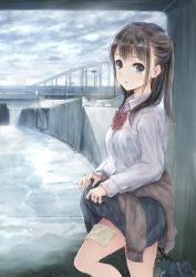 Rule 34 | 1girl, bag, blue bra, blue eyes, blush, bow, bowtie, bra, bridge, brown hair, brown jacket, clothes around waist, clothes lift, collared shirt, commentary request, day, from side, fujita hidetoshi, handkerchief, jacket, jacket around waist, lifted by self, long sleeves, looking at viewer, original, outdoors, rain, red bow, red bowtie, school bag, school uniform, see-through, shirt, skirt, skirt lift, solo, standing, standing on one leg, sunlight, underwear, water, wet, wet clothes, wet shirt, white shirt