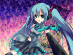 Rule 34 | 1girl, aqua hair, bad id, bad pixiv id, beamed quavers, detached sleeves, green eyes, hatsune miku, headset, musical note, necktie, pochi-t, quaver, quaver rest, sheet music, skirt, solo, twintails, vocaloid