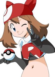 Rule 34 | 1girl, bandana, blue eyes, breasts, brown hair, closed mouth, cosplay, creatures (company), elbow gloves, game freak, gloves, hainchu, holding, jessie (pokemon), jessie (pokemon) (cosplay), long hair, looking at viewer, may (pokemon), midriff, navel, nintendo, poke ball, pokemon, pokemon (anime), pokemon rse (anime), simple background, smile, solo, white background