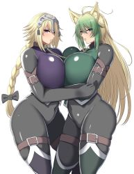 Rule 34 | 2girls, absurdres, alternate breast size, animal ear fluff, animal ears, ar (lover boy), asymmetrical docking, atalanta (fate), bdsm, belt, black bodysuit, blonde hair, bodysuit, bondage, bondage outfit, bound, braid, breast press, breasts, cat ears, chain, chained, cleavage, collar, collarbone, commission, covered collarbone, covered navel, cowboy shot, fate/grand order, fate (series), green eyes, green hair, hair ribbon, headdress, highres, huge breasts, jeanne d&#039;arc (fate), jeanne d&#039;arc (ruler) (fate), lips, long hair, looking at viewer, multicolored hair, multiple girls, parted lips, purple eyes, ribbon, shiny clothes, sidelocks, skeb commission, skin tight, skindentation, standing, thick thighs, thigh strap, thighhighs, thighs, tight clothes, transparent background, two-tone hair, v-shaped eyebrows, very long hair