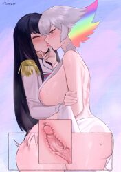 Rule 34 | 1boy, 1girl, absurdres, black hair, blush, breasts, closed eyes, cross-section, dress, food, french kiss, from side, futa with female, futanari, highres, incest, kill la kill, kiryuuin ragyou, kiryuuin satsuki, kiss, large breasts, looking at another, mature female, mother and daughter, multicolored hair, multiple girls, norza, penis, pocky, pocky day, pocky kiss, scar, scar on back, sex, shared food, smile, standing missionary, suggestive fluid, sweat, thighs, tongue, tongue out, uncensored, vaginal
