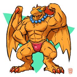 Rule 34 | arm up, bara, beads, breath of fire, breath of fire iii, bulge, claws, flexing, full body, garr, izzyink, jewelry, large pectorals, male focus, male underwear, muscular, muscular male, necklace, orange eyes, orange nails, pectorals, prayer beads, solo, thong, underwear, wings