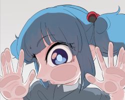 Rule 34 | 1girl, beads, blue eyes, blue hair, close-up, collared shirt, commentary request, eyelashes, frogsnake, hair beads, hair ornament, kawashiro nitori, looking at viewer, nose, shirt, short hair, short twintails, solo, touhou, twintails, white background