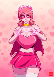 Rule 34 | 1girl, absurdres, bracelet, breasts, cape, cleavage, cleavage cutout, clothing cutout, crop top, gold choker, headphones, heart, heart-shaped pupils, heart hands, heart in heart hands, highres, jewelry, kuhller, large breasts, light smile, miniskirt, panties, pink background, pink eyes, pink hair, skirt, solo, superhero costume, symbol-shaped pupils, thighhighs, underwear