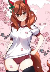 Rule 34 | 1girl, alternate costume, animal ears, black thighhighs, blush, breasts, brown eyes, buruma, cherry blossoms, collarbone, commentary, cowboy shot, ear covers, embarrassed, gluteal fold, highres, horse ears, horse girl, horse tail, medium breasts, medium hair, nice nature (umamusume), petals, red hair, shirt, smile, solo, sweatdrop, tail, thighhighs, tracen training uniform, twintails, umamusume, wahiko (black bastard)