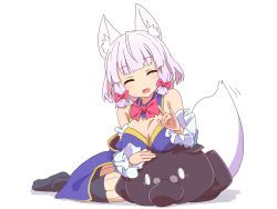 Rule 34 | 1girl, ^ ^, animal ear fluff, animal ears, black thighhighs, blue sleeves, bow, bowtie, breasts, cleavage, closed eyes, commentary request, cosplay, detached sleeves, fox ears, fox girl, fox shadow puppet, fox tail, hair bow, highres, icorasama, large breasts, machikado mazoku, multiple tails, nipples, open mouth, red bow, red bowtie, riko (machikado mazoku), short hair, simple background, smile, solo, tail, thighhighs, white background, white hair, yoshida yuuko (machikado mazoku), yoshida yuuko (machikado mazoku) (cosplay)