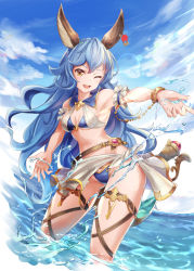 Rule 34 | 1girl, ;d, animal ears, armpits, bell (angelicalary), bikini, blue hair, blue sky, blush, breasts, cleavage, commentary request, cowboy shot, curly hair, day, earrings, erune, ferry (granblue fantasy), granblue fantasy, highres, jewelry, long hair, looking at viewer, ocean, one eye closed, open mouth, outdoors, single earring, sky, small breasts, smile, solo, swimsuit, teeth, upper teeth only, very long hair, wading, yellow eyes