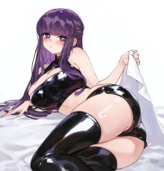 Rule 34 | 1girl, :t, alternate costume, ass, bare shoulders, bed sheet, blunt bangs, blush, breasts, closed mouth, contemporary, fern (sousou no frieren), foolish potato, highres, large breasts, leather, long hair, looking at viewer, pout, purple eyes, purple hair, shorts, solo, sousou no frieren, thick thighs, thighs
