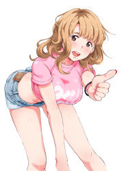 Rule 34 | 1girl, absurdres, ass, bare legs, blonde hair, blush, bracelet, breasts, brown eyes, earrings, engawa suguru, female focus, groin, hand up, highres, jewelry, large breasts, leaning forward, legs, legs apart, light blush, long hair, looking at viewer, midriff, mole, mole under mouth, open mouth, original, pink shirt, roshutsudo no takai hitchhike gal wo..., shirt, short shorts, shorts, simple background, smile, solo, standing, thighs, thumbs up, white background
