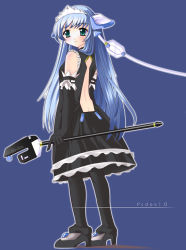 Rule 34 | 1girl, black gloves, black pantyhose, blue hair, blush, character request, dos, dress, elbow gloves, female focus, full body, gloves, green eyes, hairband, long hair, looking at viewer, looking back, os-tan, pantyhose, robot ears, shoes, simple background, sleeveless, solo, standing, very long hair, wand