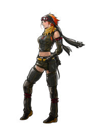 Rule 34 | 1girl, advance wars, advance wars: days of ruin, angry, bandana, bare shoulders, belt, belt pouch, black thighhighs, boots, breasts, clenched teeth, crop top, elbow gloves, gloves, goggles, goggles on head, hand on own hip, highres, hiroaki (kof), knee pads, large breasts, midriff, military, military uniform, navel, official art, orange eyes, orange hair, pouch, profile, scarf, short hair, short shorts, shorts, simple background, solo, spiked hair, standing, strap, tasha (advance wars), teeth, thigh boots, thighhighs, tiptoes, torn clothes, uniform, zettai ryouiki