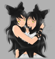 Rule 34 | 10s, 2013, 2girls, bare shoulders, black hair, blake belladonna, bow, dated, dual persona, eye contact, hair bow, hair ornament, hug, long hair, looking at another, multiple girls, rwby, selfcest, signature, simple background, vnixxir, yellow eyes, yuri