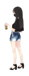 Rule 34 | 1girl, ama mitsuki, ass, bare legs, belt, black eyes, black footwear, black hair, black shirt, blouse, can, covered mouth, denim, denim shorts, drink can, full body, high heels, highres, holding, holding can, long hair, mask, mouth mask, original, sandals, shirt, short shorts, short sleeves, shorts, simple background, soda can, solo, standing, white background