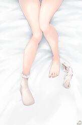 Rule 34 | 1girl, artist logo, barefoot, bed sheet, ceres fauna, commentary, english commentary, feet, frilled socks, frills, highres, hikigaya 0926, hololive, hololive english, knees together feet apart, legs, lower body, nail polish, no shoes, ribbed socks, shiny skin, single sock, socks, solo, spread toes, thighs, toenail polish, toenails, toes, virtual youtuber, white socks
