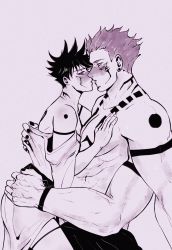 Rule 34 | 2boys, abs, arm tattoo, black hair, chest tattoo, corruption, couple, extra arms, extra eyes, eye contact, fushiguro megumi, hand on another&#039;s chest, highres, imminent kiss, jujutsu kaisen, looking at another, male focus, multiple boys, muscular, muscular male, pectorals, ryoumen sukuna (jujutsu kaisen), short hair, shoulder tattoo, size difference, spiked hair, sserupiko, tattoo, thighs, topless male, veins, yaoi