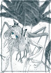 Rule 34 | 1girl, blue eyes, butterfly hair ornament, extra legs, female focus, hair ornament, inari (inari 9999), arthropod girl, looking at viewer, monochrome, monster, monster girl, original, solo, spot color, sweater, tongue, tongue out