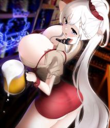 Rule 34 | 1girl, absurdres, apron, ass, azur lane, bad anatomy, bar (place), beer mug, belfast (azur lane), belfast (piping-hot perfection) (azur lane), blue eyes, braid, braided bangs, breasts, chain, cleavage, collar, cup, dress, earrings, foam, french braid, high ponytail, highres, holding, holding cup, huge breasts, impossible clothes, impossible dress, indoors, jewelry, long hair, mug, nicorima, official alternate costume, open mouth, red apron, red scrunchie, royal navy emblem (azur lane), scrunchie, short dress, short sleeves, side braid, solo, very long hair, waitress, white hair, wrist cuffs