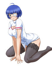 Rule 34 | 1girl, ahoge, blue hair, breasts, cleavage, eyepatch, female focus, ikkitousen, no shoes, ryomou shimei, short sleeves, simple background, solo, thighhighs, white background