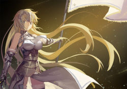 Rule 34 | 1girl, armor, armored dress, bare shoulders, blonde hair, blue eyes, breasts, club3, dark background, dress, fate/apocrypha, fate/grand order, fate (series), flag, gauntlets, headpiece, jeanne d&#039;arc (fate), jeanne d&#039;arc (ruler) (fate), jeanne d&#039;arc (third ascension) (fate), large breasts, long hair, looking at viewer, smile, solo, thighhighs