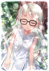 Rule 34 | 1girl, against tree, aikatsu!, aikatsu! (series), bare arms, bare shoulders, blunt bangs, blush, book, closed mouth, dappled sunlight, day, dress, glasses, highres, long hair, open book, outdoors, parted lips, sekina, silver hair, sitting, sleeping, solo, sunlight, todo yurika, tree, under tree, white dress