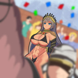 Rule 34 | 1girl, abs, arms behind back, bikini, black bikini, blue eyes, blush, bound, breasts, chain, collar, crowd, crown, elbow gloves, fate/grand order, fate (series), gloves, gold chain, grey hair, highres, horse, horseback riding, humiliation, jewelry, large breasts, lips, long hair, parade, riding, roman empire, soldier, swimsuit, tan, thong, toranoi (user ndae8334), zenobia (fate)
