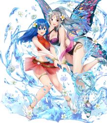 Rule 34 | 2girls, bare shoulders, bikini, bikini skirt, blue eyes, blue hair, breasts, caeda (fire emblem), caeda (summer) (fire emblem), cleavage, cleavage cutout, clothing cutout, fairy wings, feet, female focus, fire emblem, fire emblem: mystery of the emblem, fire emblem heroes, flower, full body, hair flower, hair ornament, high heel sandals, highres, long hair, matching hair/eyes, medium breasts, midriff, multiple girls, navel, nintendo, official art, one-piece swimsuit, open mouth, plumeria (fire emblem), pointy ears, ryouma (galley), sandals, see-through, smile, swimsuit, thigh strap, thighs, toes, transparent background, water, water drop, wings