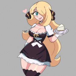 Rule 34 | blonde hair, breasts, cake, cake slice, cleavage, creatures (company), cynthia (pokemon), food, game freak, hair over one eye, highres, holding, holding plate, maid, nintendo, plate, pokemon, serving, smile, tagme