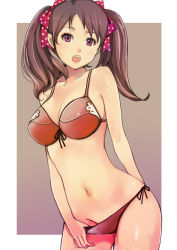 Rule 34 | 1girl, :o, arms behind back, bare shoulders, bikini, bikini pull, blush, bow, breasts, brown hair, cleavage, clothes pull, collarbone, contrapposto, front-tie top, hair bow, large breasts, looking at viewer, navel, open mouth, original, pink eyes, polka dot, polka dot ribbon, pulled by self, ribbon, shigureteki, side-tie bikini bottom, simple background, solo, standing, sweat, swimsuit, twintails