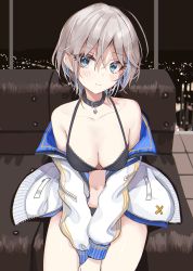 Rule 34 | 1girl, anastasia (idolmaster), bare shoulders, black bra, black panties, blue eyes, blue hair, bra, breasts, buckle, city lights, cleavage, closed mouth, collar, collarbone, colored inner hair, couch, earrings, glint, head tilt, heart, heart earrings, highres, idolmaster, idolmaster cinderella girls, indoors, jacket, jewelry, lace, lace-trimmed bra, lace trim, letterman jacket, long sleeves, looking at viewer, medium breasts, multicolored hair, navel, night, off shoulder, on couch, open clothes, open jacket, own hands together, panties, rum raisin (chihiromakita19), silver hair, solo, two-sided fabric, two-sided jacket, two-tone hair, underwear, unzipped, white jacket, window