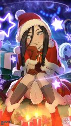 Rule 34 | 1girl, black dress, blush, boots, christmas, convenient censoring, dress, gloves, hand on own cheek, hand on own face, hat, hyuuga hanabi, looking at viewer, naruto (series), naruto shippuuden, official art, santa boots, santa costume, santa gloves, santa hat, sitting, white eyes