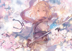 Rule 34 | 1girl, alternate eye color, arm guards, black bow, black scarf, blonde hair, bow, cherry blossoms, commentary request, fate/grand order, fate (series), floating hair, flower, hair between eyes, hair bow, highres, holding, holding sword, holding weapon, japanese clothes, kimono, long sleeves, looking at viewer, obi, okita souji (fate), okita souji (koha-ace), outdoors, rioka (southern blue sky), sash, scarf, short hair, solo, sparkle, sword, tree, upper body, weapon, wide sleeves, yellow eyes