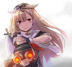 Rule 34 | 10s, 1girl, aiming, aiming at viewer, blonde hair, commentary, fingerless gloves, gloves, hair flaps, hair ornament, hair ribbon, hairclip, holding own arm, kantai collection, long hair, looking at viewer, otototo, red eyes, ribbon, scarf, smile, solo, yuudachi (kancolle), yuudachi kai ni (kancolle)
