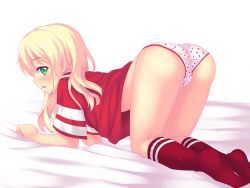 Rule 34 | 1girl, all fours, ass, blonde hair, blush, breasts, cameltoe, green eyes, highres, long hair, looking at viewer, no pants, nottytiffy, open mouth, original, panties, polka dot, polka dot panties, shiny skin, shirt, socks, solo, t-shirt, top-down bottom-up, underwear