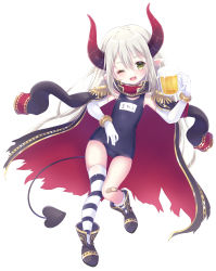 Rule 34 | 1girl, ;d, asymmetrical legwear, bandaid, bandaid on knee, bandaid on leg, beer mug, blue one-piece swimsuit, blush, boots, bow, bracelet, coat, coat on shoulders, covered navel, cup, demon girl, demon horns, demon tail, elbow gloves, emma august, epaulettes, fang, full body, gloves, hair between eyes, hair bow, highres, holding, holding cup, horns, jewelry, long hair, looking at viewer, mug, name tag, nijisanji, old school swimsuit, one-piece swimsuit, one eye closed, open mouth, paya (alunair), pointy ears, red horns, school swimsuit, silver hair, single thighhigh, smile, solo, straight hair, striped clothes, striped thighhighs, swimsuit, tail, thighhighs, virtual youtuber, white gloves