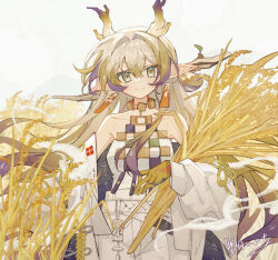 Rule 34 | 1girl, arknights, bare shoulders, blue hair, blush, breasts, chinese commentary, closed mouth, collarbone, colored skin, colored tips, commentary request, cowboy shot, dragon horns, earrings, floating hair, green eyes, green hair, grey hair, hair between eyes, highres, holding wheat, horns, jacket, jewelry, long hair, mochizuki inochi, multicolored hair, off shoulder, open clothes, open jacket, pants, partial commentary, pointy ears, shirt, shu (arknights), signature, small breasts, smile, solo, strapless, strapless shirt, tassel, tassel earrings, very long hair, wheat, white background, white jacket, white pants, white shirt