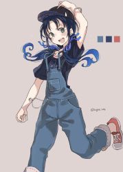 Rule 34 | 1girl, arms up, beige background, blue hair, blush, denim, gradient hair, green eyes, hair ribbon, hat, kantai collection, long hair, looking at viewer, low twintails, multicolored hair, open mouth, overalls, ribbon, shirt, shoes, short sleeves, simple background, sneakers, solo, sugue tettou, suzukaze (kancolle), teeth, twintails, wristband