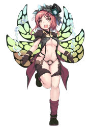 Rule 34 | 1girl, 463 jun, bodysuit, breasts, brown gloves, butterfly wings, covered erect nipples, full body, gloves, hat, highres, insect wings, navel, open mouth, original, red eyes, red hair, revealing clothes, simple background, smile, solo, underboob, wings