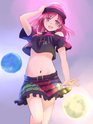 Rule 34 | 1girl, bare shoulders, belt, black shirt, breasts, clothes writing, collar, hat, hecatia lapislazuli, long hair, looking at viewer, medium breasts, miniskirt, multicolored clothes, multicolored skirt, navel, off-shoulder shirt, off shoulder, open mouth, rangycrow, red eyes, red hair, shirt, short sleeves, skirt, smile, solo, stomach, t-shirt, touhou, white background