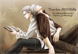 Rule 34 | 00s, 2boys, annoyed, back-to-back, book, brothers, brown background, capcom, curtained hair, dante (devil may cry), devil may cry (series), glasses, milestone celebration, hosino hikaru, jewelry, leaf, leaning, male focus, multiple boys, necklace, open book, pants, reading, shirt, short hair, siblings, sitting, sleeping, vergil (devil may cry), white hair
