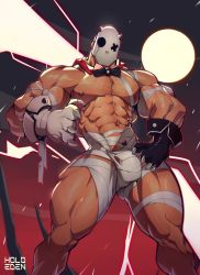 Rule 34 | 1boy, abs, bandages, bandages, bara, bare pectorals, bow, bowtie, bulge, chest hair, feet out of frame, fingernails, gluteal fold, halloween, halloween costume, holo eden, large pectorals, male focus, mask, moon, muscular, naked bandage, navel, nipples, original, pectorals, revealing clothes, sharp fingernails, solo, thick thighs, thighs, undressing, white mask