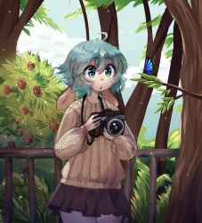 Rule 34 | 1girl, ahoge, anakoluth, animal ears, aqua eyes, black skirt, blue hair, brown sweater, bug, butterfly, camera, day, forest, furry, furry female, highres, holding, holding camera, insect, long sleeves, looking away, nature, original, outdoors, parted lips, short hair, skirt, solo, sweater, tree