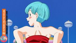 Rule 34 | 1girl, animated, animated gif, aqua eyes, aqua hair, ass, bare arms, bare back, bare legs, bare shoulders, bent over, blush, bulma, clothes lift, day, dragon ball, dragonball z, dress, dress lift, female focus, foxybulma, from behind, looking at another, looking at viewer, open mouth, outdoors, panties, panty pull, pussy, short hair, smile, solo, standing, strapless, text focus, tube top, uncensored, underwear, white panties